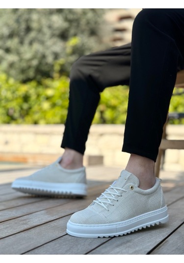 Pabucmarketi Bağcıklı Keten Erkek Ayakkabı Krem Beyaz Taban Çok Renkli