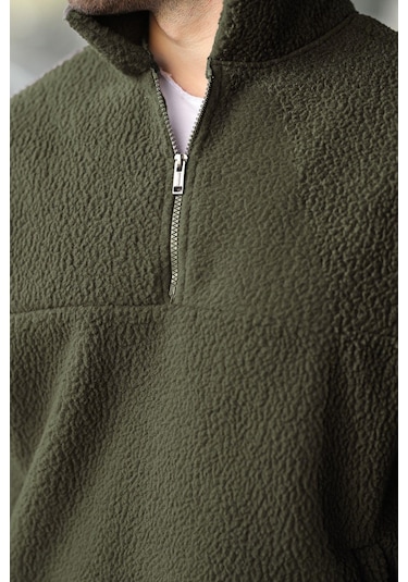 Madmext Haki Yarım Fermuarlı Dik Yaka Polar Sweatshirt E7165 Haki