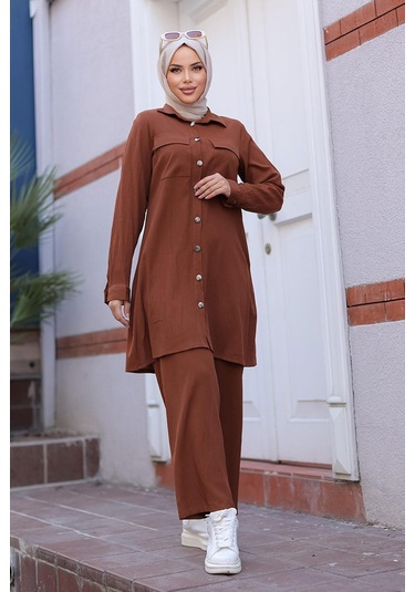 Cep Detaylı Tesettür Kahverengi Takım Kahverengi