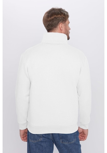Unisex Relax Fit Rahat Kesim %100 Pamuk Yarım Fermuarlı Beyaz Dik Yaka Sweatshirt-32135 Beyaz