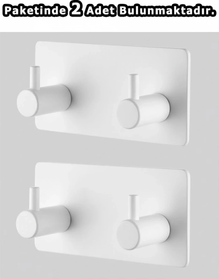 Askılık Yapışkanlı Dikdörtgen Çubuklu 2 Kancalı Beyaz Pakette 2 Adet Beyaz