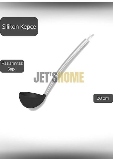 Silikon Kepçe Paslanmaz Saplı Servis Kepçesi Siyah 30 Cm