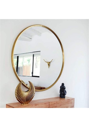 Helya Pirinç Eskitme Yuvarlak Ayna Altın