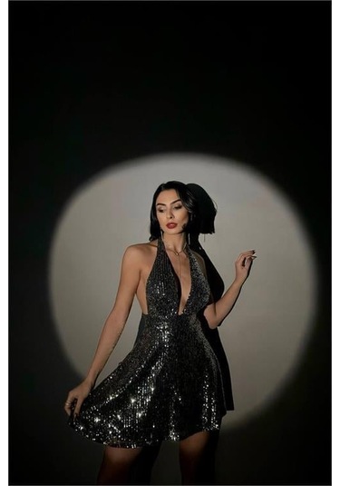 Kadın Gri Halter Yaka Payet Elbise Dpnbdf046 Gri