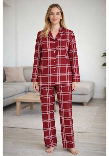 Tenra Kadın Pijama Takımı Licralı Boydan Düğme Bordo