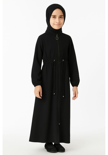 Medine İpeği Beli Lastikli Bağcıklı Çocuk Ferace Siyah Siyah