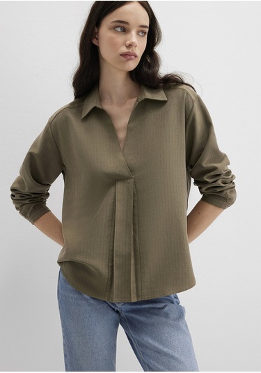 Mavi - Haki Tencel Karışımlı Bluz 1211423-87538 Yeşil