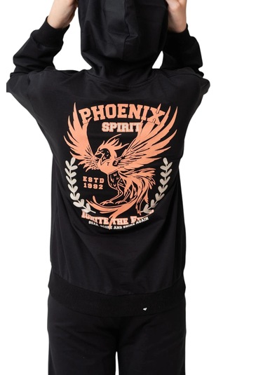 Erkek Çocuk Sırtı Anka Kuşu Detaylı Kanguru Cepli Kapüşonlu Siyah Renk Eşofman Takımı 3333 Siyah