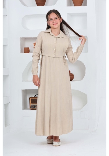 Kız Çocuk Uzun Boy Gofre Kumaş Jile & Elbise İki Parça Takım Astarlı Zarif Set-4948 Bej