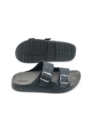 Gezer Naturela Comfort Erkek Yazlık Suni Deri Çift Toka Ayarlanabilir Rahat Taban Günlük Terlik Siyah