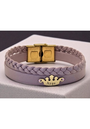 Archin Ayşe İsmine Özel Taç Figürlü 14 Ayar Altın Plakalı Doğal Mor Derili Hediye Bileklik-637isim Ayşe