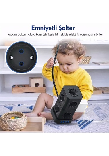 Kule Tipi Çoklu Priz 3680w 9 Lu Topraklı Priz + 2 Usb + 2 Type-c Masaüstü Dikey Akım Korumalı Priz 2 m