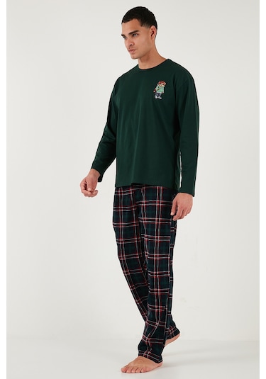 Buratti Ekoseli Regular Fit Yüksek Bel Cepli Bisiklet Yaka Erkek Pijama Takımı 6574002 Yeşil