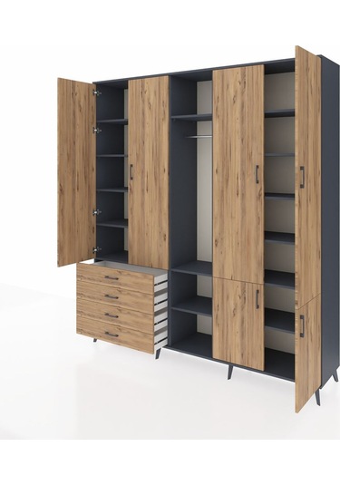 Hyperion Dolap 14 Raflı 4 Çekmeceli Tek Askılı 220x44x243 Antrasit-çam/çam Atlas Çam/atlas Çam