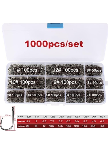 Valkyrie 1000 Adet Kutulu 1. Kalite Paslanmaz Karbon Çelik Halkalı Olta Seti 3-12 Numara - Balık Kancası