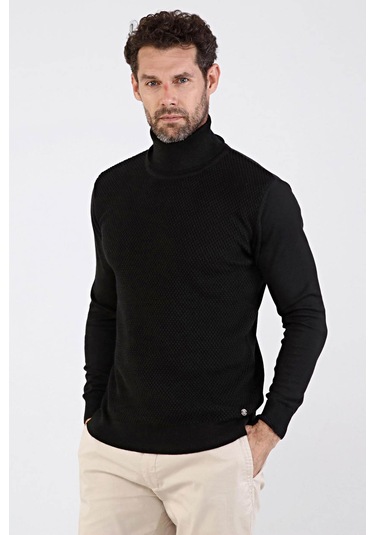 Çizgi Triko Erkek Tam Balıkçı Yaka Pamuklu Triko Kazak 4669E Siya Siyah