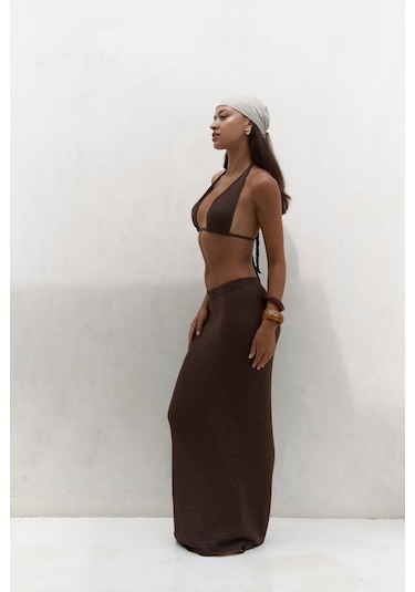 Mai Collection Mai Studios Co. Pangestu Üçgen Kahve Crop Etek Triko Takım Kahve
