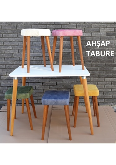 Depolife Ahşap Ayaklı Tabure Mutfak Yemek Masa Taburesi Kumaş Döş