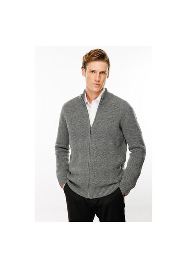 Erkek Dik Yaka Baklava Desenli Yün Ceket Füme Füme