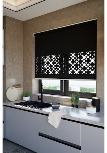 Lazer Kesim Mat Stor Perde, Lazer Kesimli Klasik Serisi, C-191008 Siyah Renk Siyah