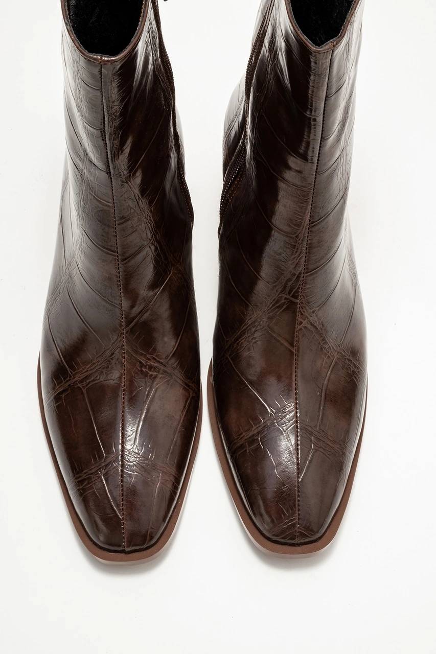 Chara Kahverengi Baskı Kadın Kalın Topuklu Bot kahverengi