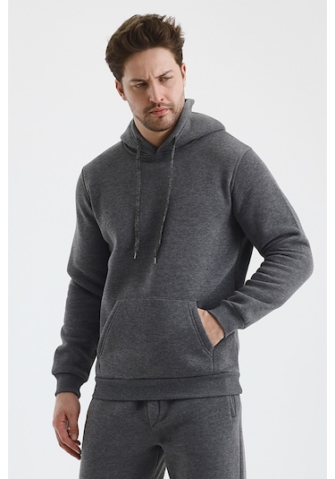 Monox Erkek Kapşonlu 3 İplik Sweatshirt Antrasit