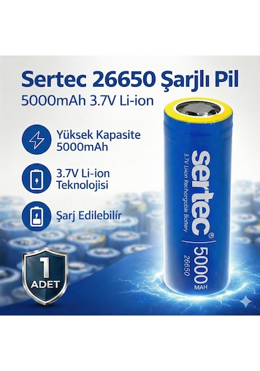 Sertec 26650 Şarjlı Pil 5000mah 3.7v Li-ion Başlıksız Düz