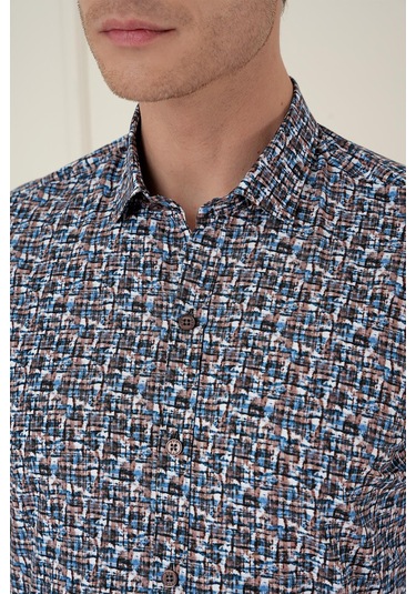 Slim Fit Baskılı %100 Pamuk Spor Mavi Gömlek G 1586 Mavi
