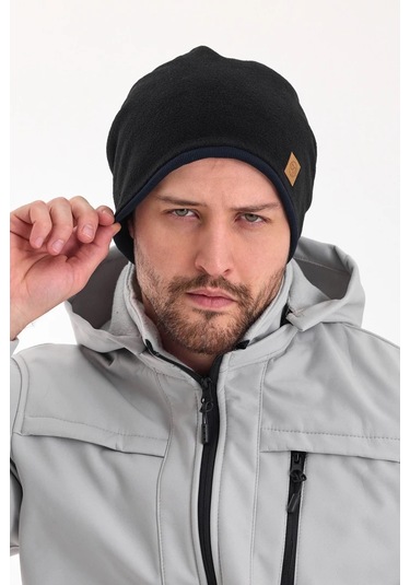 Erkek Siyah Polar Dış, Kahve Pamuklu Iç Kısım, Çift Renk Çift Katmanlı Katlanabilir Yumuşak Bere - Standart / Siyah-lacivert Siyah-lacivert