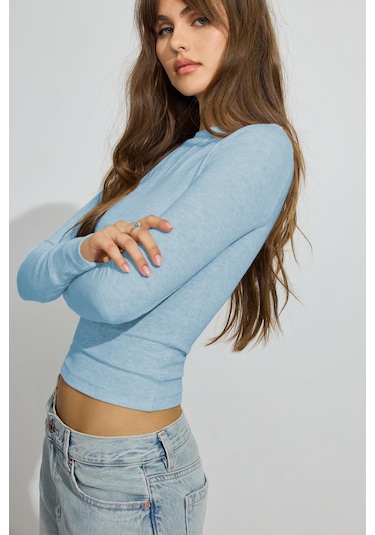 Madmext Mavi Bisiklet Yaka Slim Fit Kadın Body Mg2564 Mavi