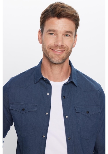 Erkek Slim Fit Dar Kesim Çift Cepli Denim Kot Lacivert Gömlek-31927 Lacivert