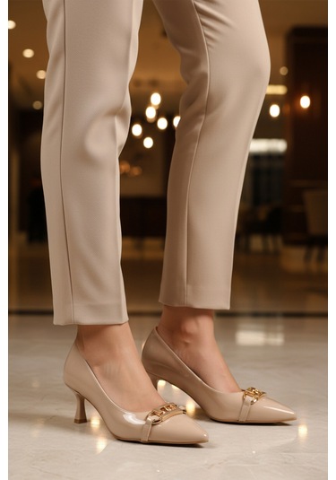 Bej Rugan İnce Kısa Kadın Topuklu Ayakkabı 695029 Z Bej Rugan