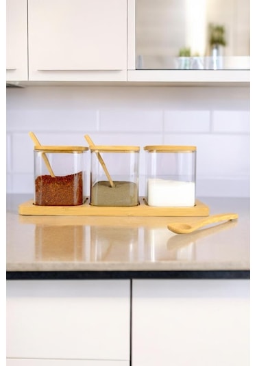 Digithome 3 Lü Borosilikat İnce Cam Ve Ahşap Standlı Baharatlık Kavanoz Takımı Seti Kahverengi F/3 C1-1-289
