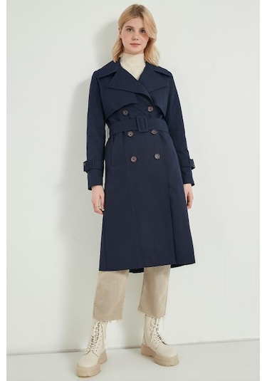 Pastelastore %100 Pamuk Gabardin Uzun 110cm Astarlı Kemerli Kadın Trençkot 1111 Lacivert