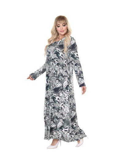 Melsay Butik Gri Yeşil Timsah Desen Uzun Kollu Kadın Tesettür Elbise Gri