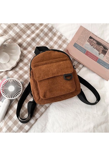 Kadın Kadife Düz Renk Sırt Çantası Kız Kış Küçük Fermuarlı Okul Çantası Brown