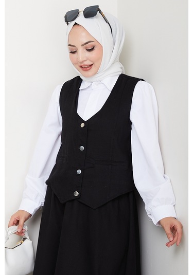 İkili Gabardin Yelek Etek Takım 1400 - Siyah Siyah