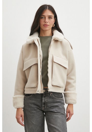 Apoletli Yünlü Körük Cepli Kaşe Mont Bej Bej