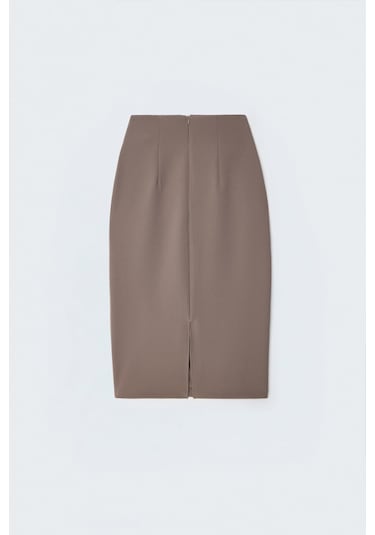 Sateen Düz Kalem Etek - Vizon-137389