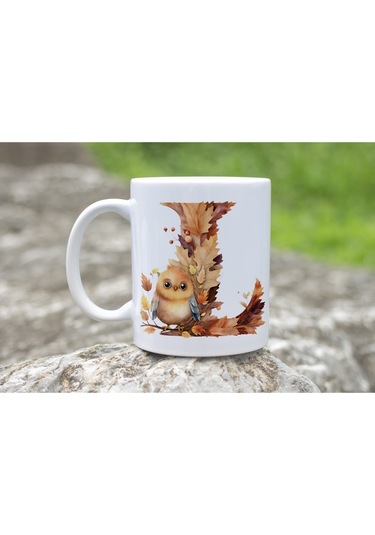 L Harf Sonbahar Yaprak Temalı Kupa Bardak - Sevimli Figürler İle Alfabe Harfli Bardak - Kişiye Özel Beyaz