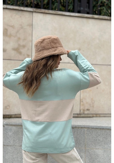 WeShaya Kadın Mint Uzun Kol, Dik Yaka, Fermuarlı, Double Color Block Basic Sweatshirt Bluz Mint