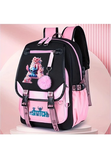 Honeybeeshop Z Dısney Stitch Büyük Kapasiteli Sırt Çantası Pembe Siyah Iki Tonlu Ayarlanabilir Askılıklar Dayanıklı Polyester Okul Seyahat Günlük Kullanım Z