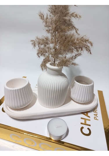 Küp Vazolu Tabaklı Tealight Mumluk Set Beyaz