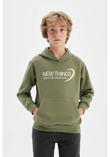 DeFacto Erkek Çocuk Haki Sırt Baskılı Kapüşonlu Cepli Sweatshirt C9789A824AUKH450