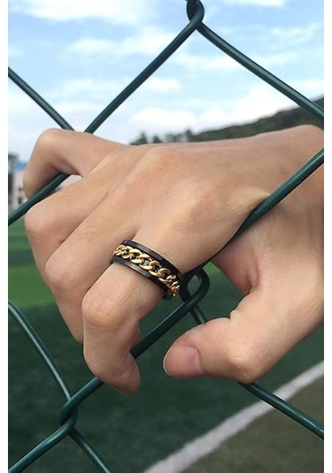 Ortası Dönebilen Zincirli Erkek Kadın Anti-stres Çelik Alyans Yüzük Cl43 Altın - Siyah