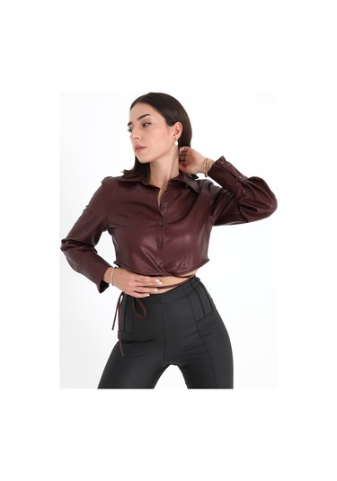 İçi Kadife Bağcıklı Kadın Kısa Deri Gömlek - Bordo-bordo Bordo