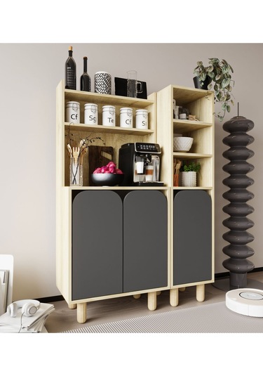 Parma 3 Kapaklı Mutfak Dolap, Kahve Köşesi, Çok Amaçlı Dolap Safir Meşe-antrasit