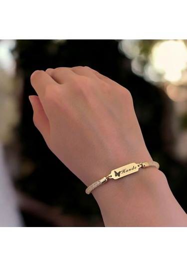 Archin Hande İsmine Özel Hasır Kordonlu Kelebek Motifli 14 Ayar Altın Plakalı Hediye Bileklik-647isim Hande