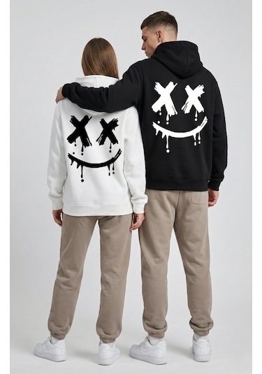 Nevermind Unisex Smile Baskılı Sevgili Kombini Oversize Hoodie Seti Siyah-beyaz