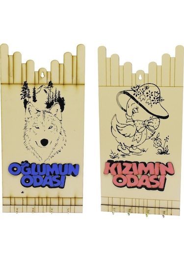 Kız - Erkek Çocuk Figürlü Oğlumun-kızımın Odası Yazılı Ahşap Ana Çok Renkli